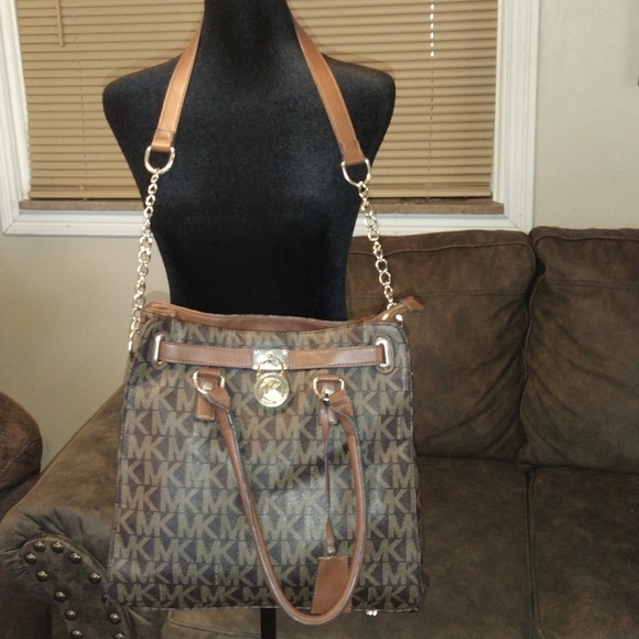 Michael Kors Handbags - Michael Kors Hamilton Lock & Key Brown/Tan Handbag with Chain & Leather Strap